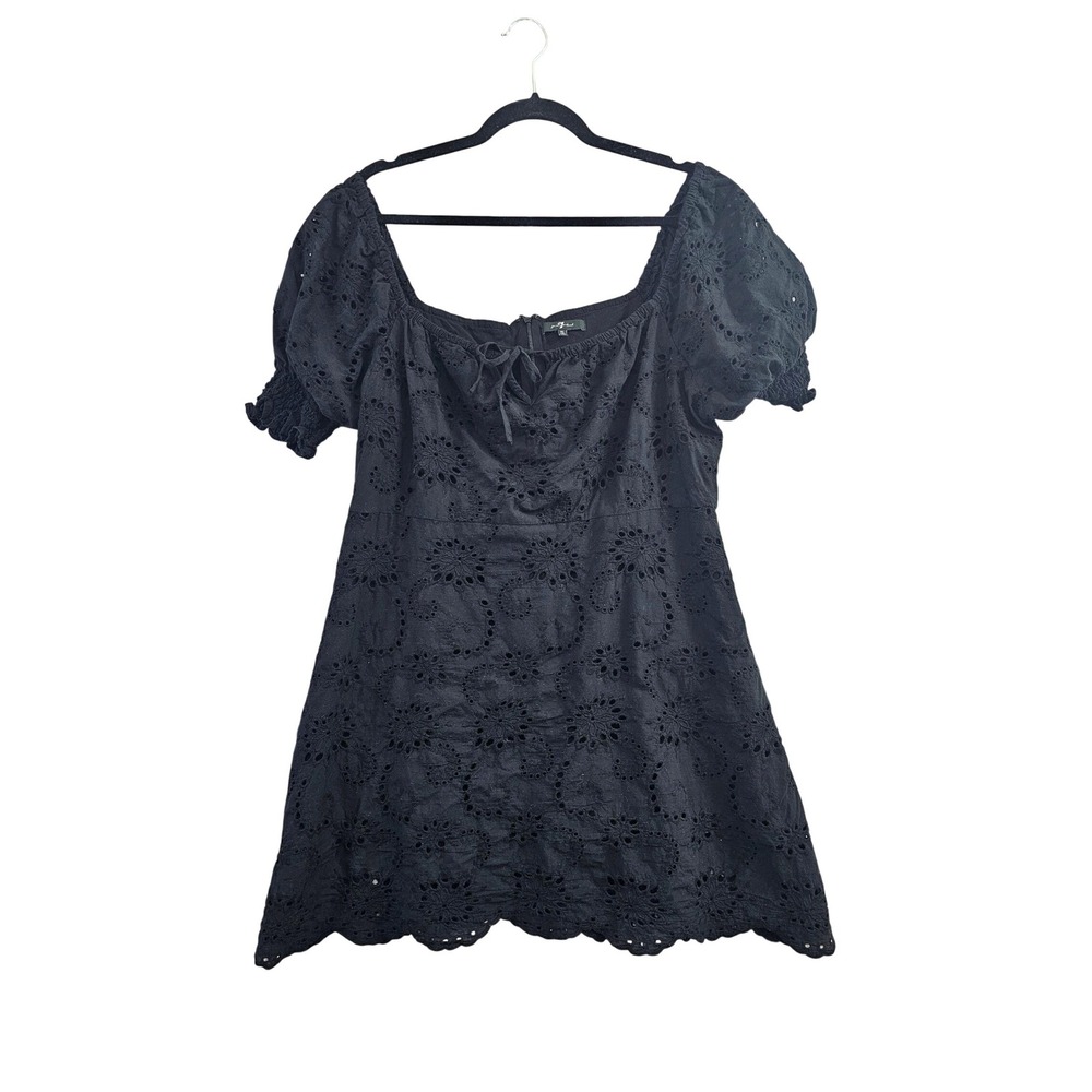 7 For All Mankind Mini Dress XL Black Boho Floral Eyelet Puff Sleeve Square Neck